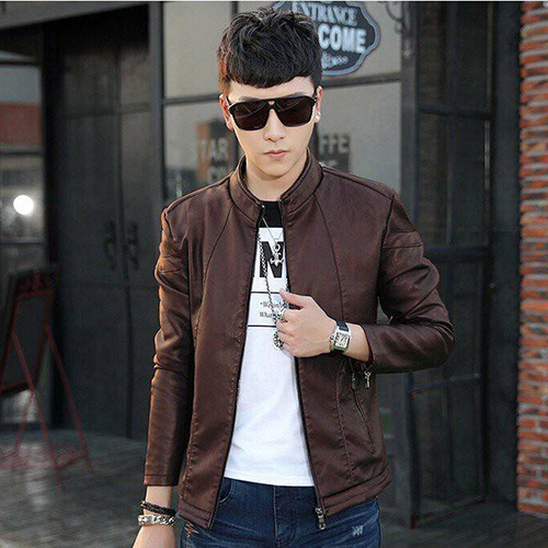 Áo khoác da nam lót lông cổ trụ