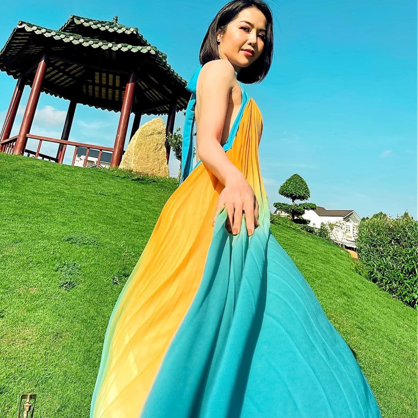 Đầm maxi dập ly ombre cao cấp