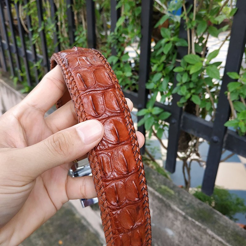 Thắt lưng da cá sấu liền nguyên tấm đan viền thủ công