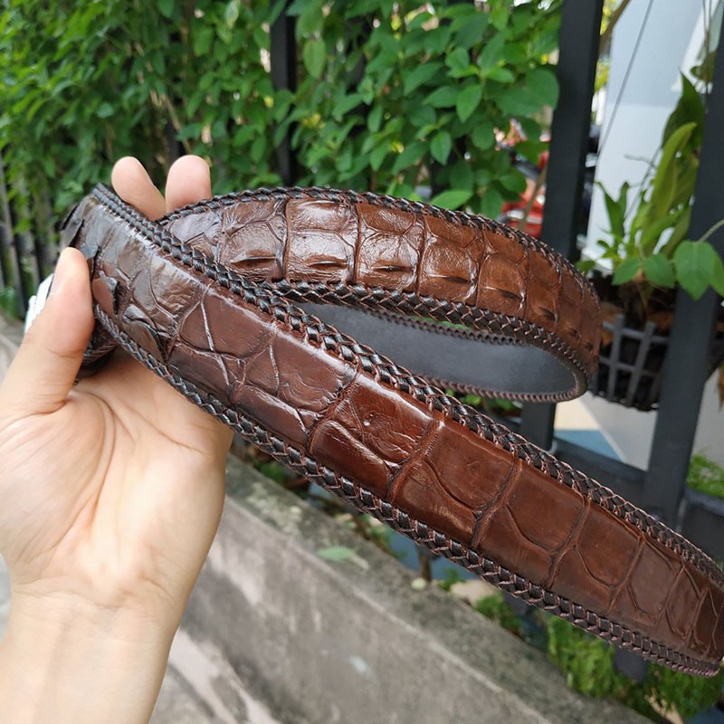Thắt lưng da cá sấu liền nguyên tấm đan viền thủ công