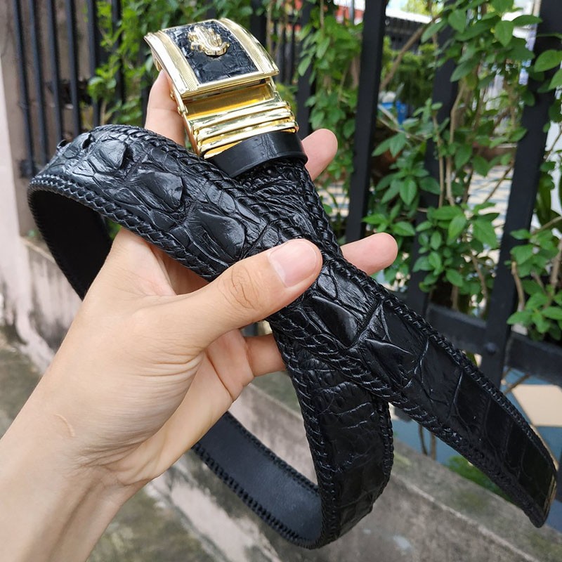 Thắt lưng da cá sấu liền nguyên tấm đan viền thủ công