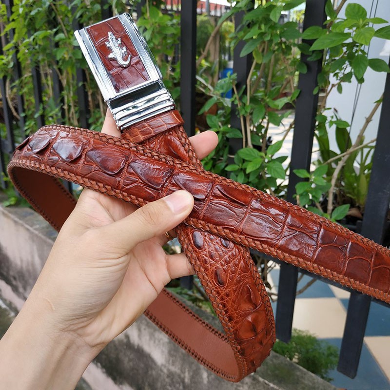 Thắt lưng da cá sấu liền nguyên tấm đan viền thủ công