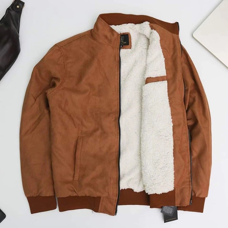 Áo khoác da lộn nam lót lông cổ đứng, chuẩn form