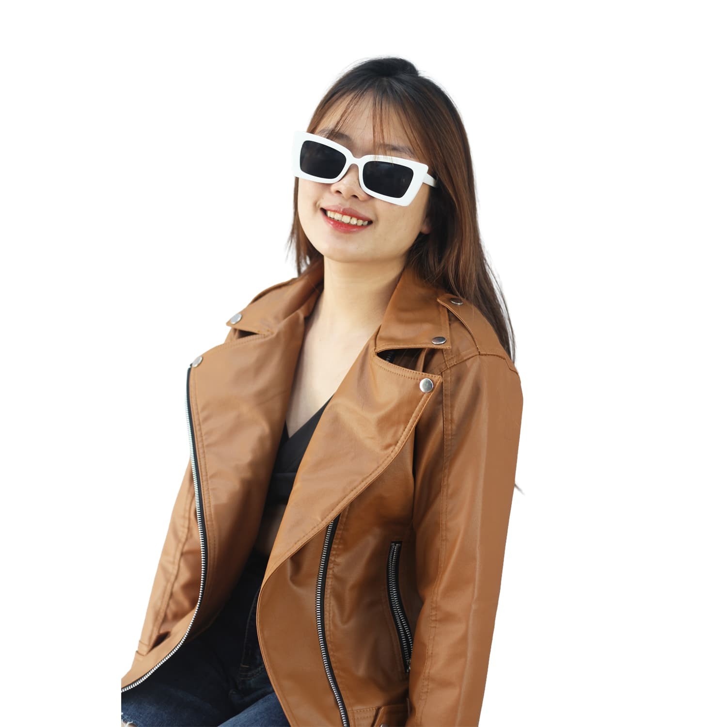 Áo khoác da nữ cổ bẻ màu nâu