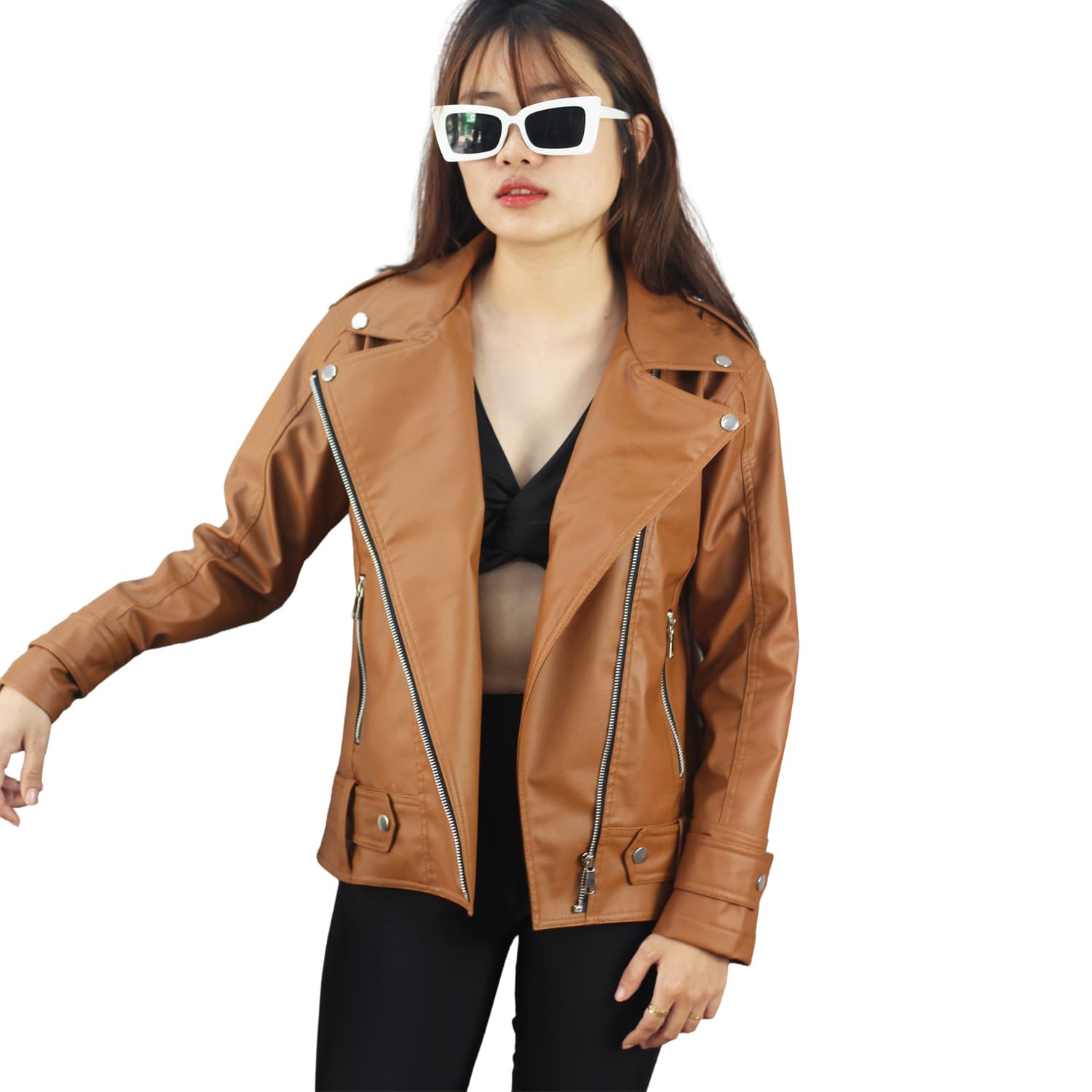 Áo khoác da nữ cổ bẻ màu nâu