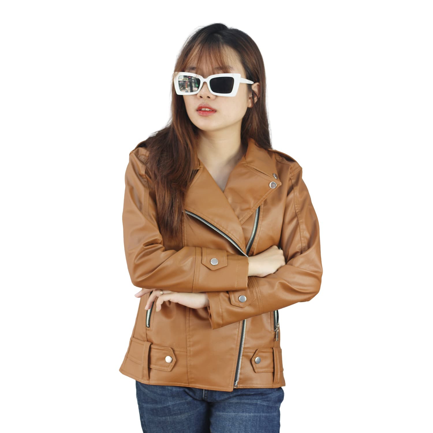 Áo khoác da nữ cổ bẻ màu nâu