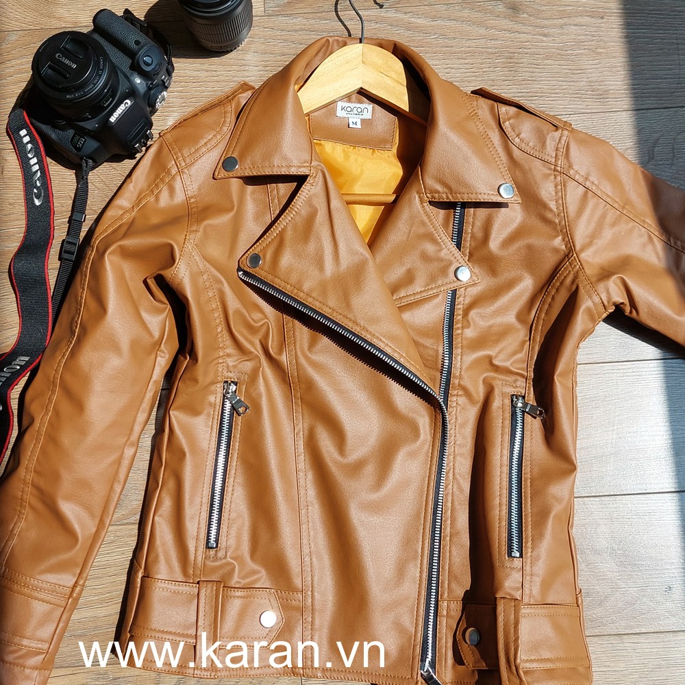 Áo khoác da nữ cổ bẻ màu nâu KRNU45