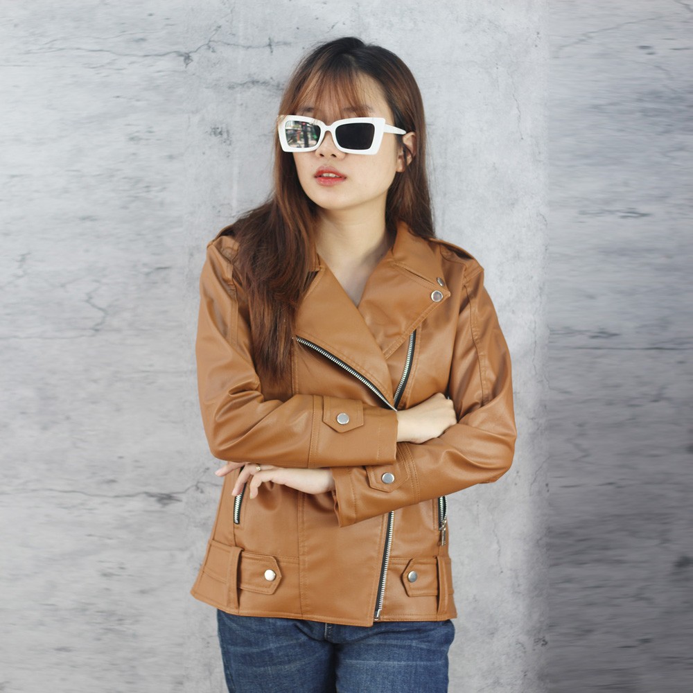 Áo khoác da nữ cổ bẻ màu nâu KRNU45