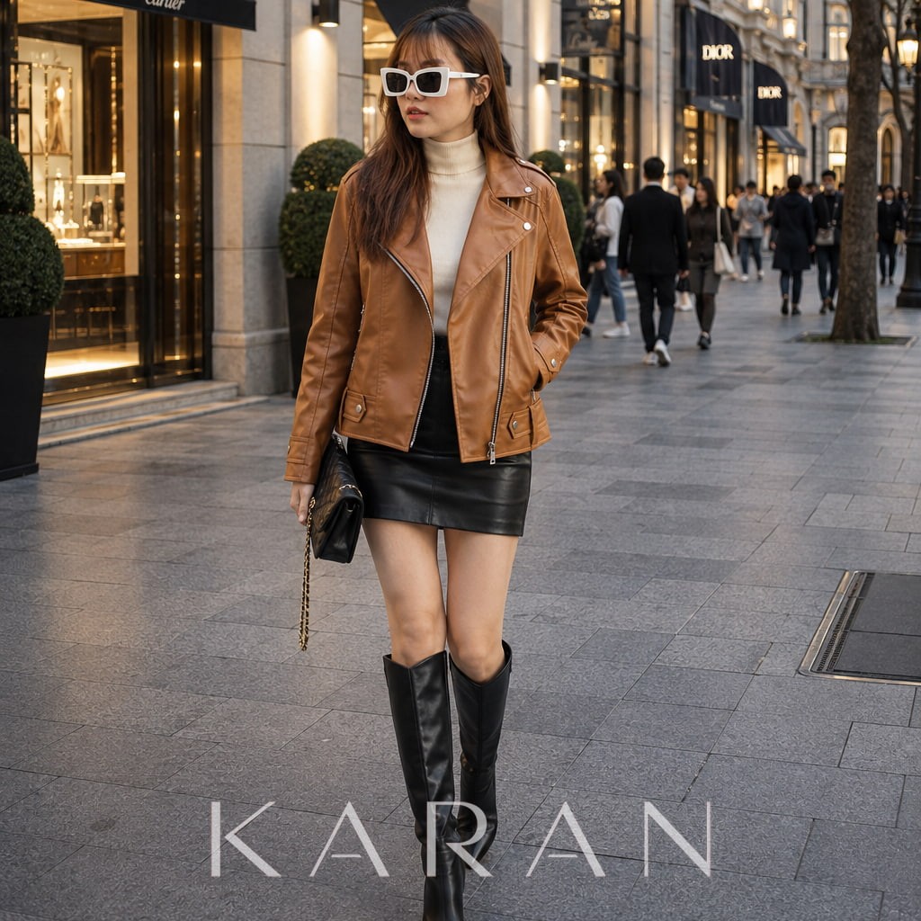 Áo khoác da nữ cổ bẻ màu nâu
