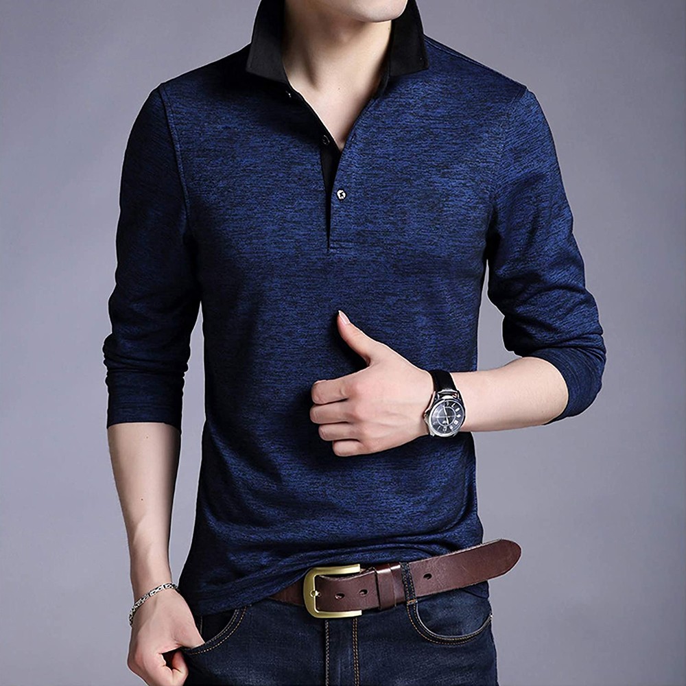 Áo thun nam tay dài cổ bẻ, màu xanh nam tính ATN013Blue