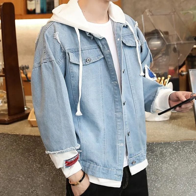 Áo khoác jean nam có mũ nỉ dây rút màu xanh lơ