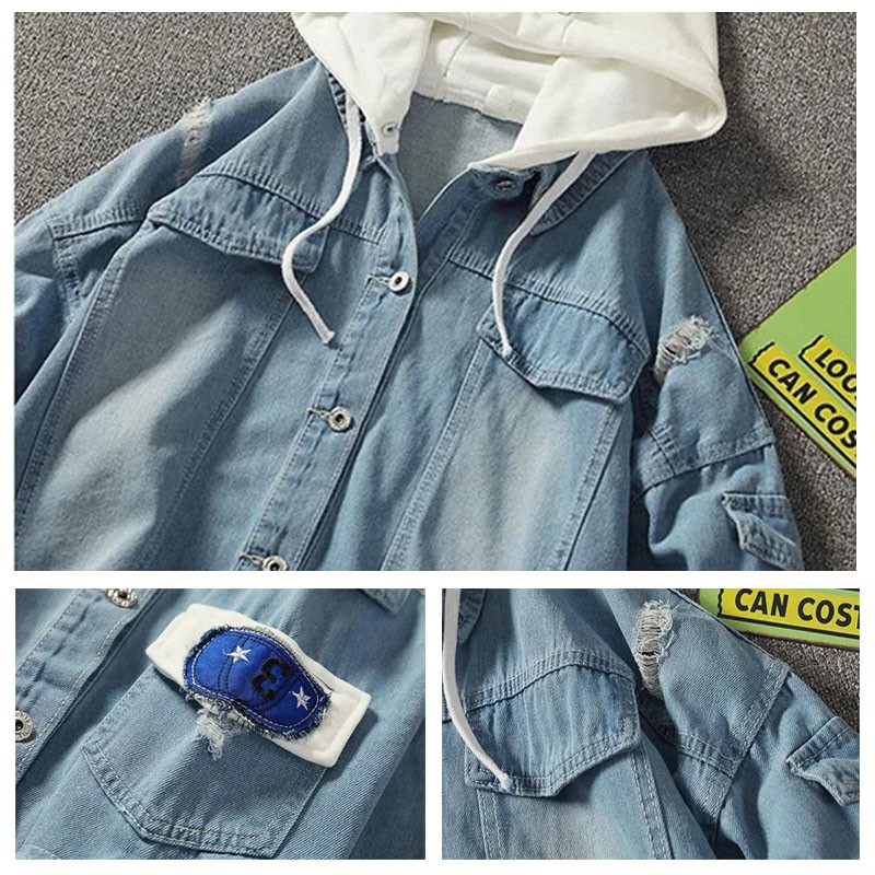 Áo khoác jean nam có mũ nỉ dây rút màu xanh lơ