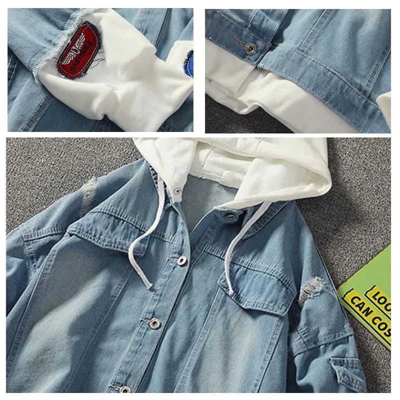 Áo khoác jean nam có mũ nỉ dây rút màu xanh lơ