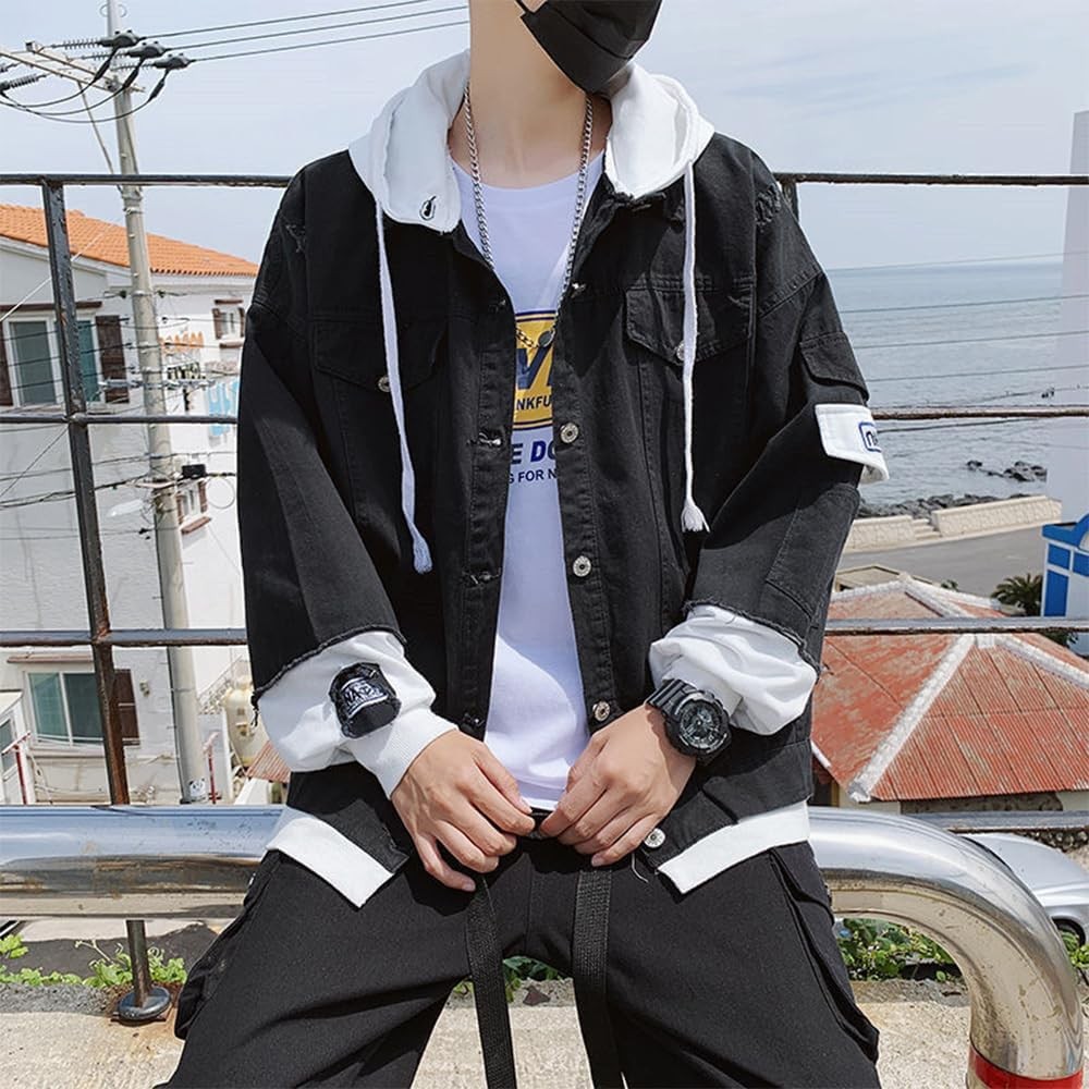 Áo khoác jean nam có mũ nỉ dây rút màu đen