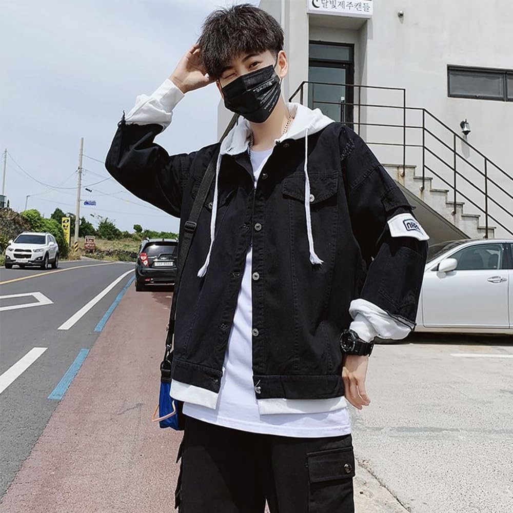 Áo khoác jean nam có mũ nỉ dây rút màu đen