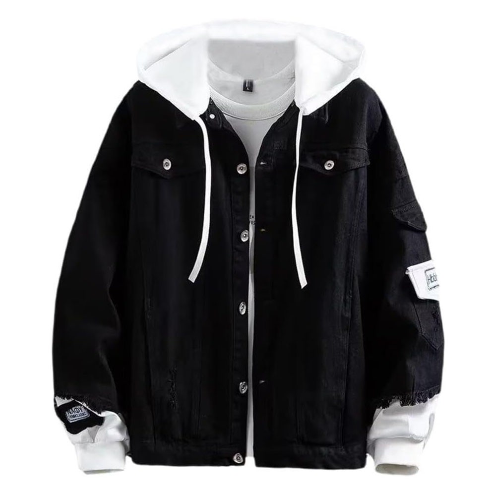 Áo khoác jean nam có mũ nỉ dây rút màu đen