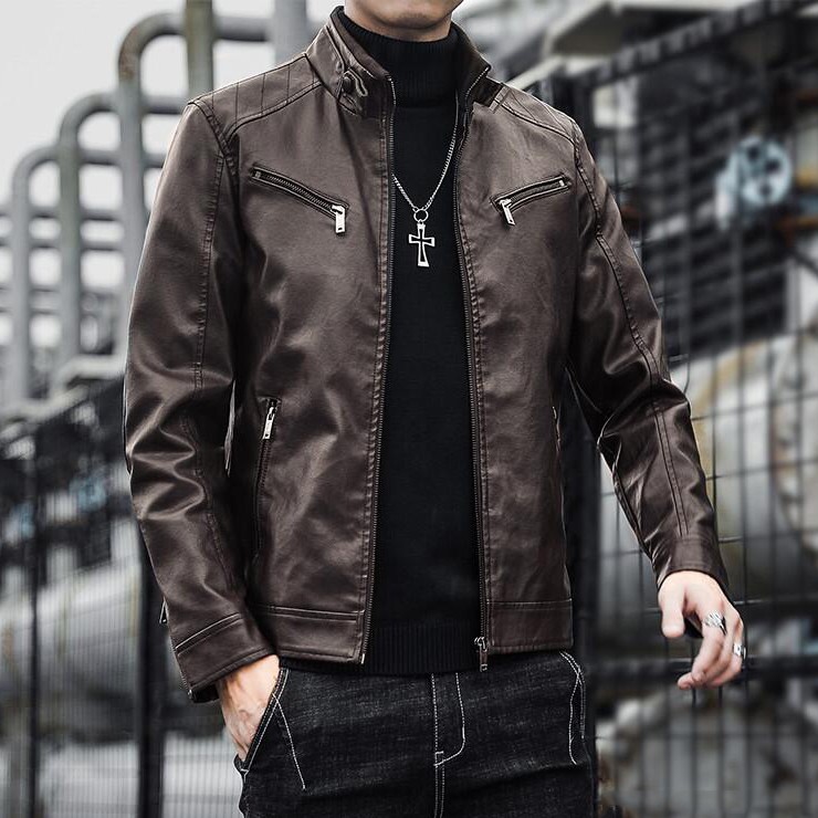 Áo khoác da nam lót dù cá tính màu nâu