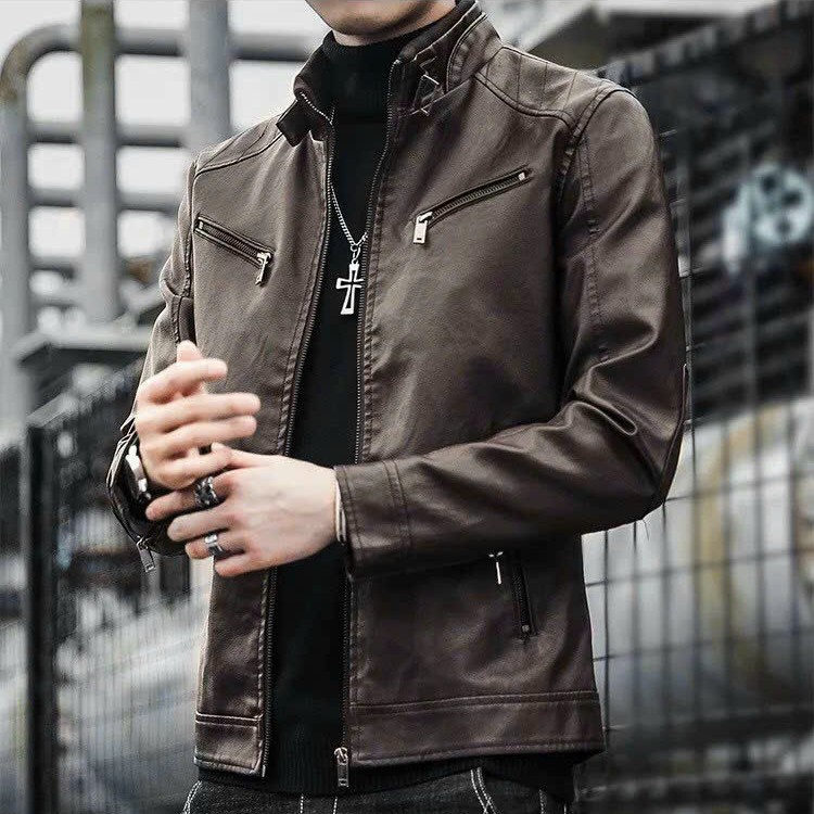 Áo khoác da nam lót dù cá tính màu nâu