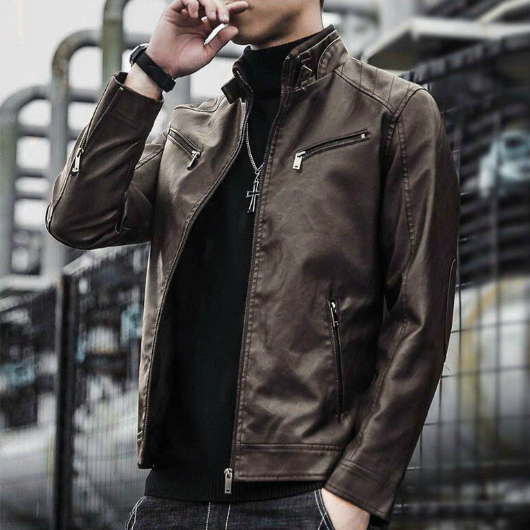 Áo khoác da nam lót dù cá tính màu nâu