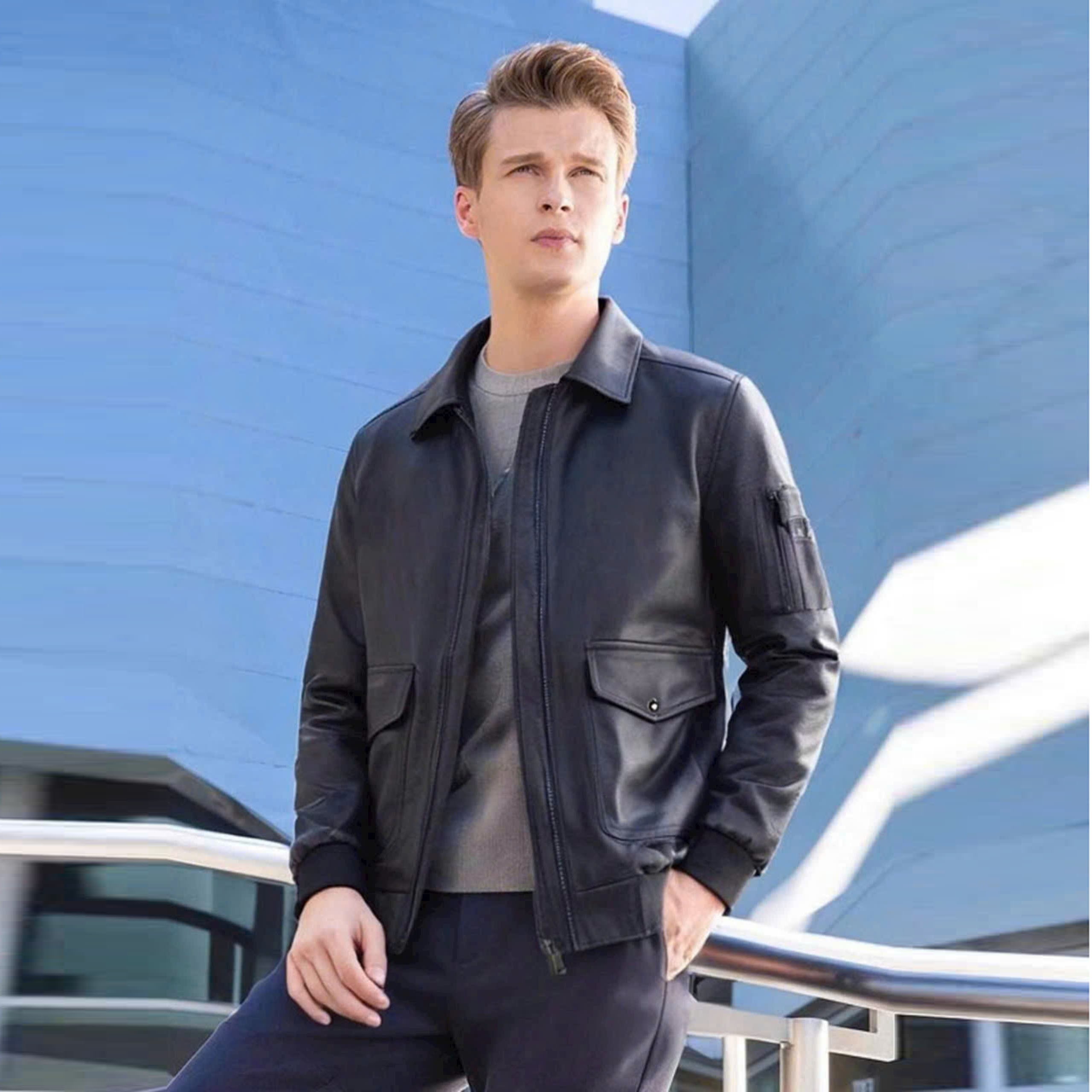 Áo khoác da nam túi hộp màu đen chất ngầu BKN273