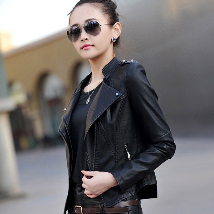 Áo khoác da nữ cổ trụ