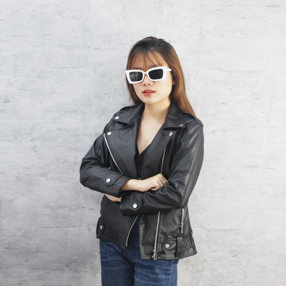 Áo khoác da nữ cổ bẻ sành điệu