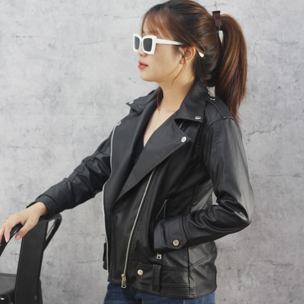 Áo khoác da nữ cổ bẻ sành điệu