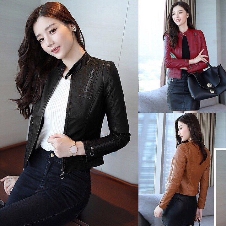 Áo da nữ cổ trụ khóa cách điệu đỏ đô