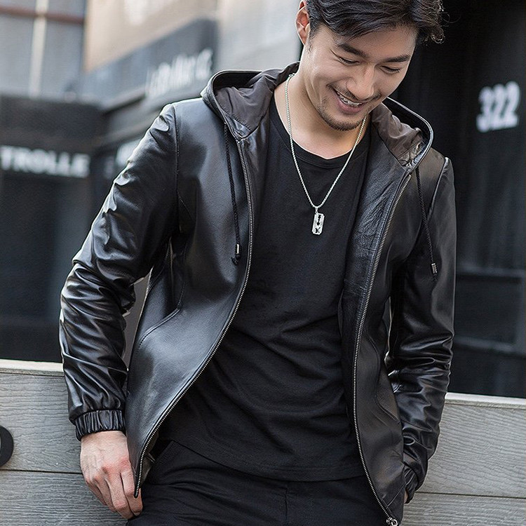 Áo khoác da nam đen nón trùm AKN229