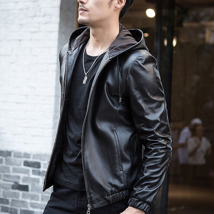 Áo khoác da nam đen nón trùm AKN229