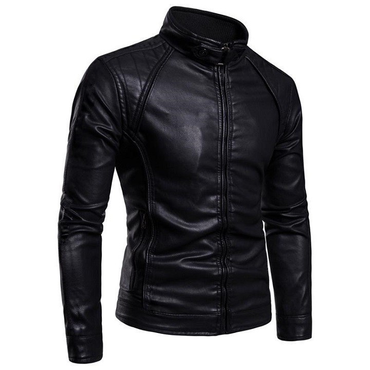 Áo khoác da nam lót lông cổ trụ biker
