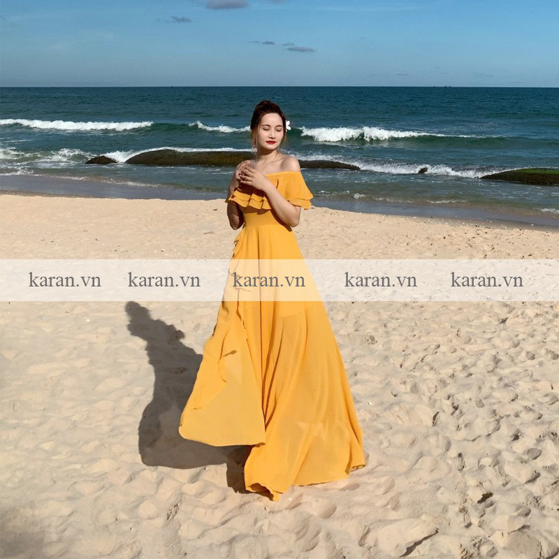 Đầm maxi trễ vai vàng xẻ tà M13