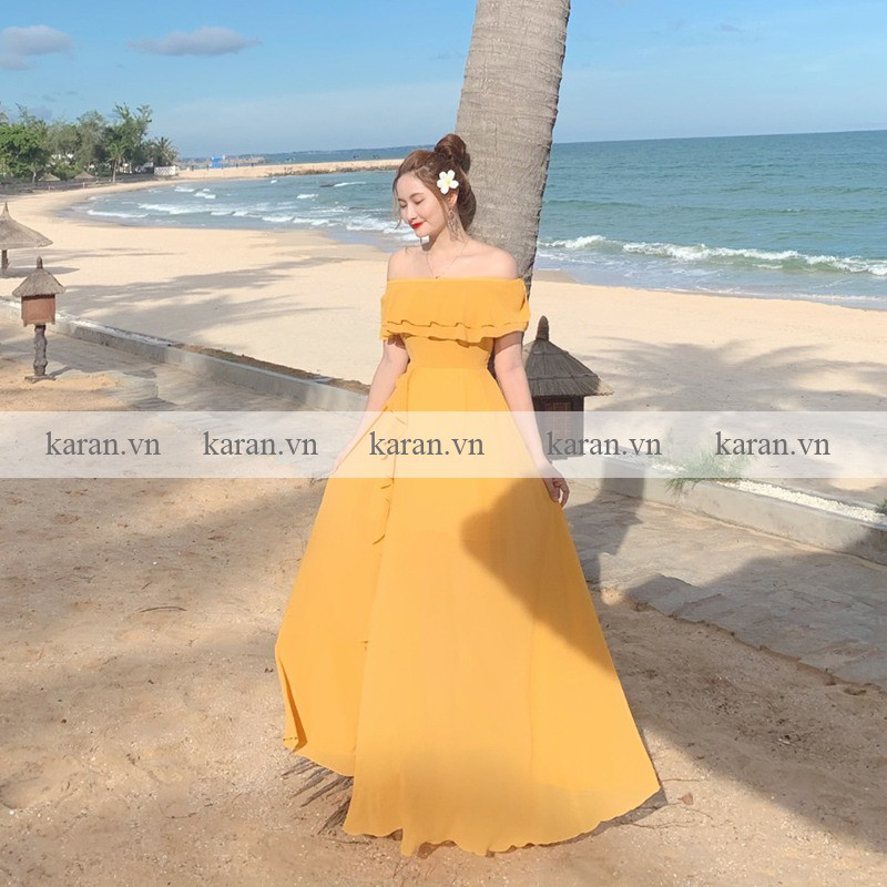 Đầm maxi trễ vai vàng xẻ tà M13