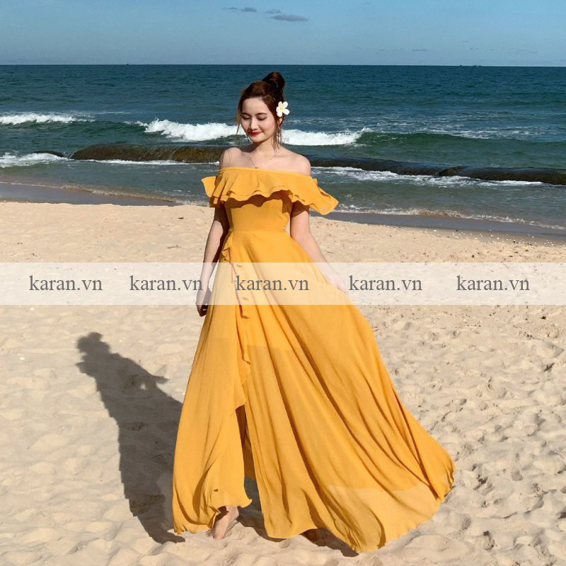 Đầm maxi trễ vai vàng xẻ tà M13