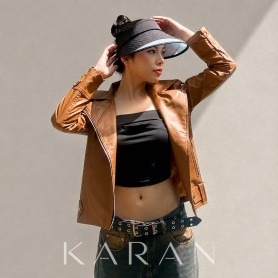 Áo khoác da nữ cổ bẻ màu nâu
