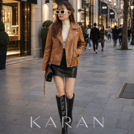 Áo khoác da nữ cổ bẻ màu nâu