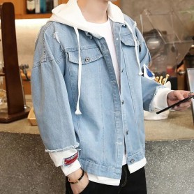 Áo khoác jean nam có mũ nỉ dây rút màu xanh lơ