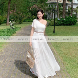Đầm maxi trắng đi biển lệch vai